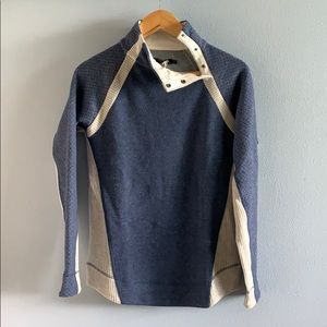 Prana button collar, blue heather sweater